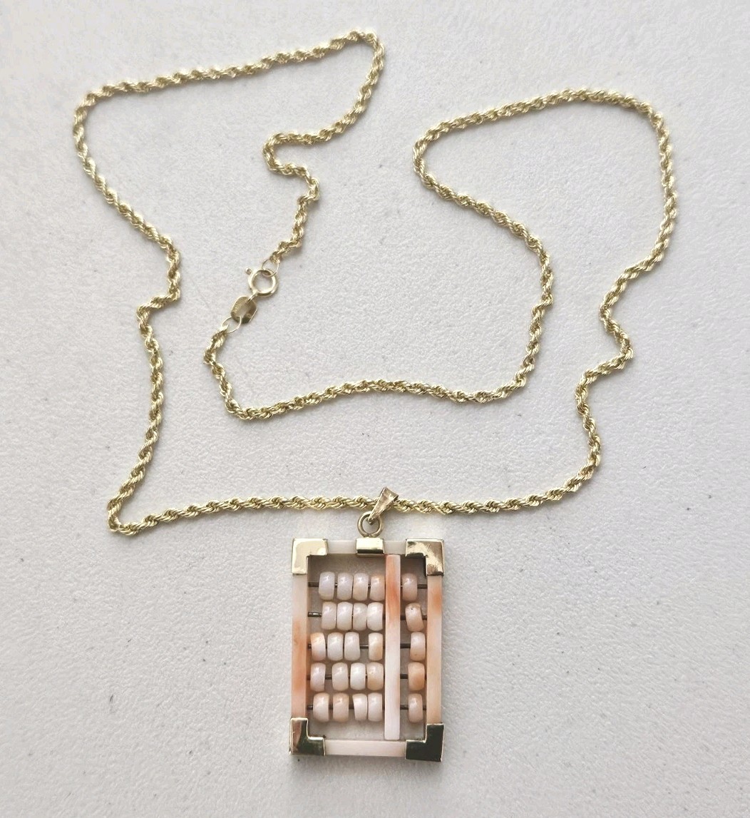 Vintage 14K Gold Angel Skin Coral Abacus Pendant 2mm Rope Chain Necklace 18-3/4″