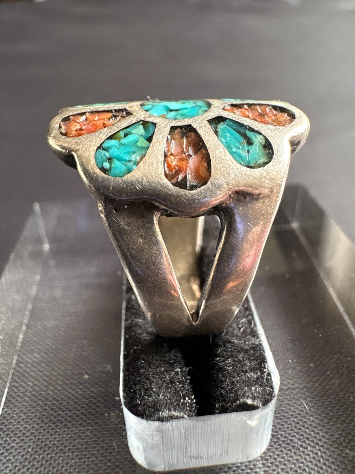 Vintage Silver Native American Turquoise & Coral Chip Inlay Ring Size 6.5 US