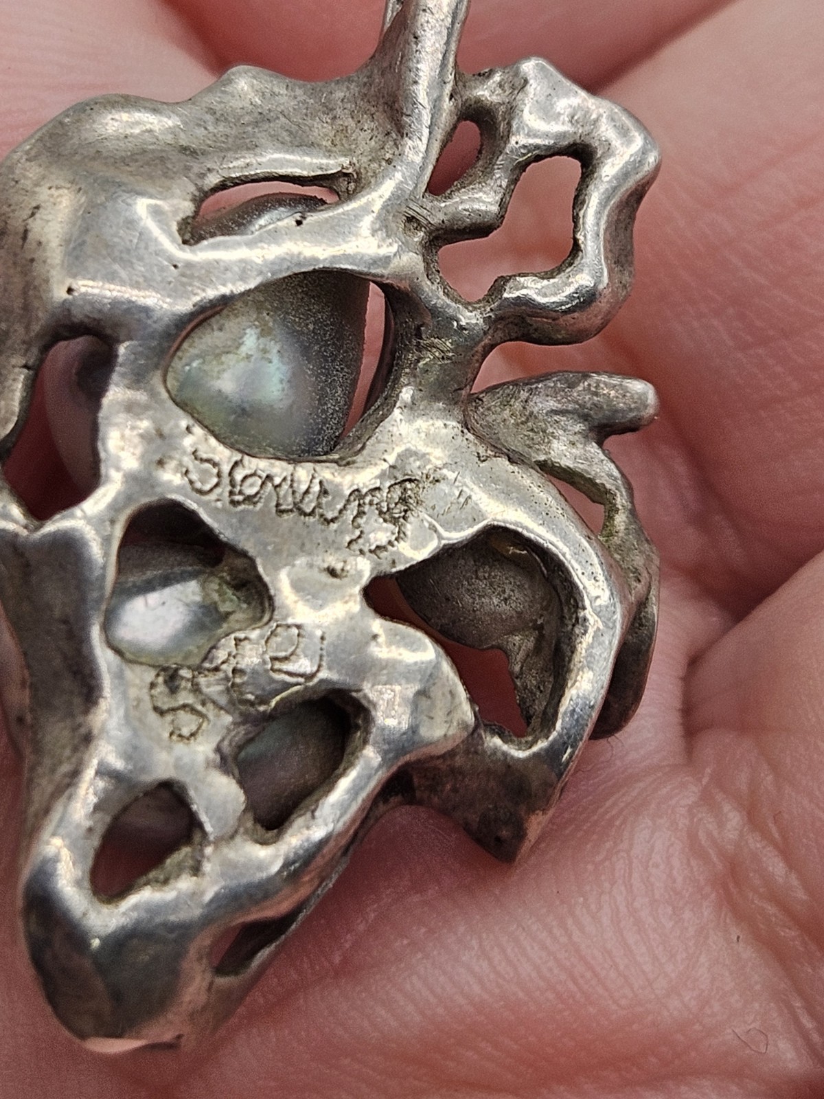 Vintage Artisan Modernist Brutalist Sterling Pearl Pendant