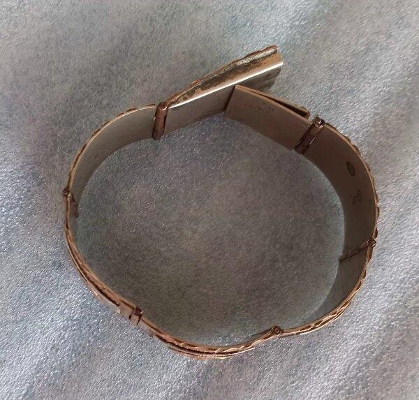 Vintage Mexico Sterling Silver Copper Panel Bracelet Mayan Calender Mixed Metal