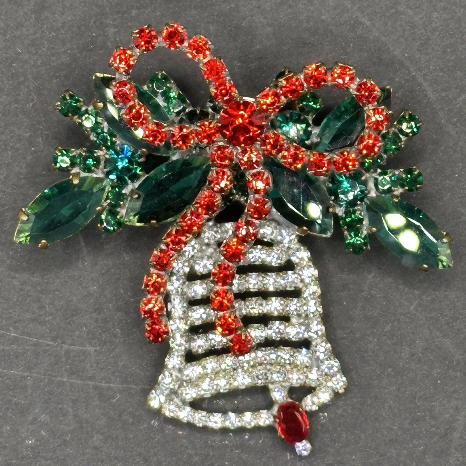 Vintage Czech Christmas Bell Brooch Art Deco 1925-1950s, Crystal & Glass OOAK