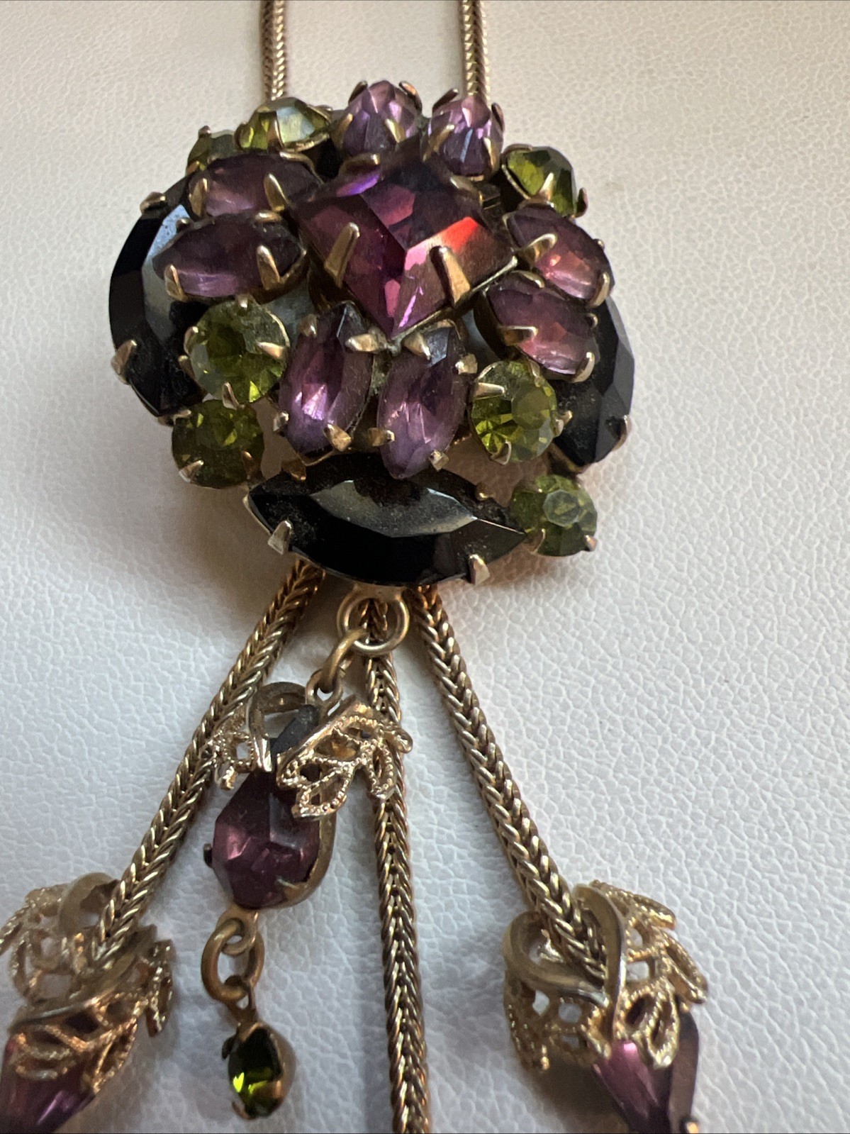 Vintage Shades of Purple & Olive Green Rhinestone waterfall Pendant Necklace 16″