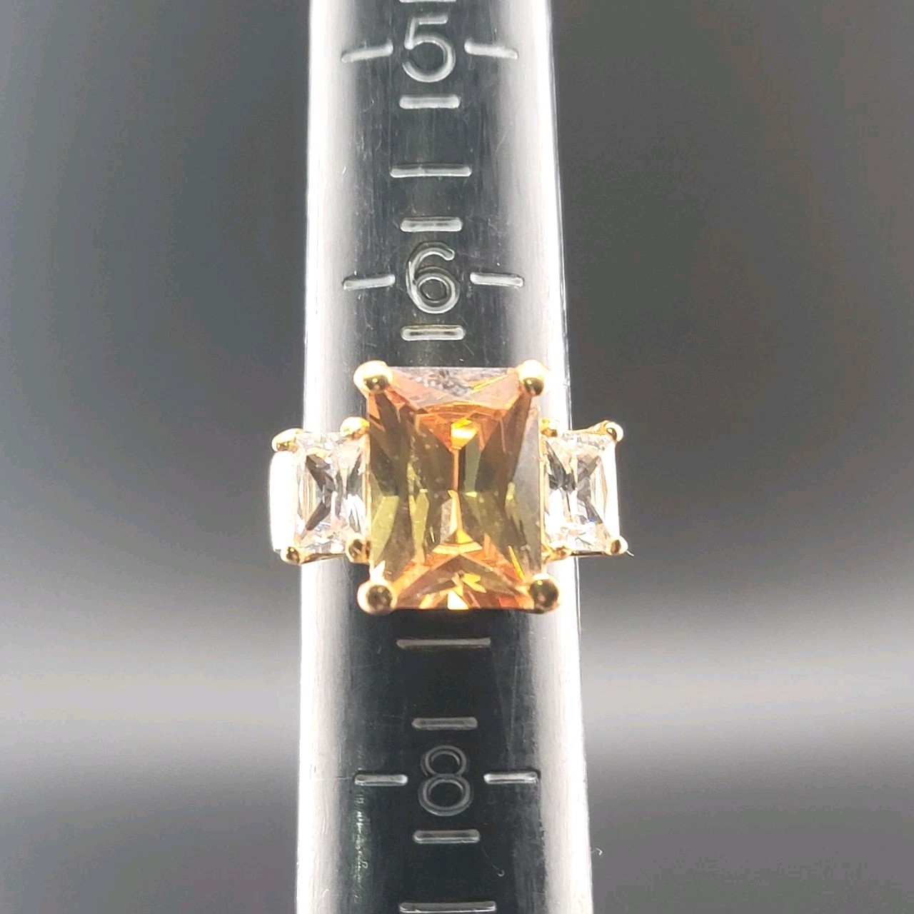 Vtg Sz 7 Ring Lg Citrine Clear Cubic Zirconia 18KGE Fashion Jewelry Glam Classy