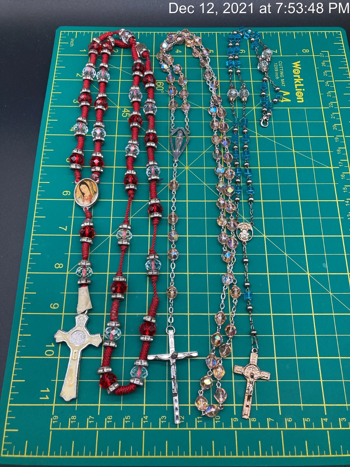 3 Vintage Faceted Czech Glass Bead Rosary Red Blue Pink LOT *Damaged* SOLD AS IS