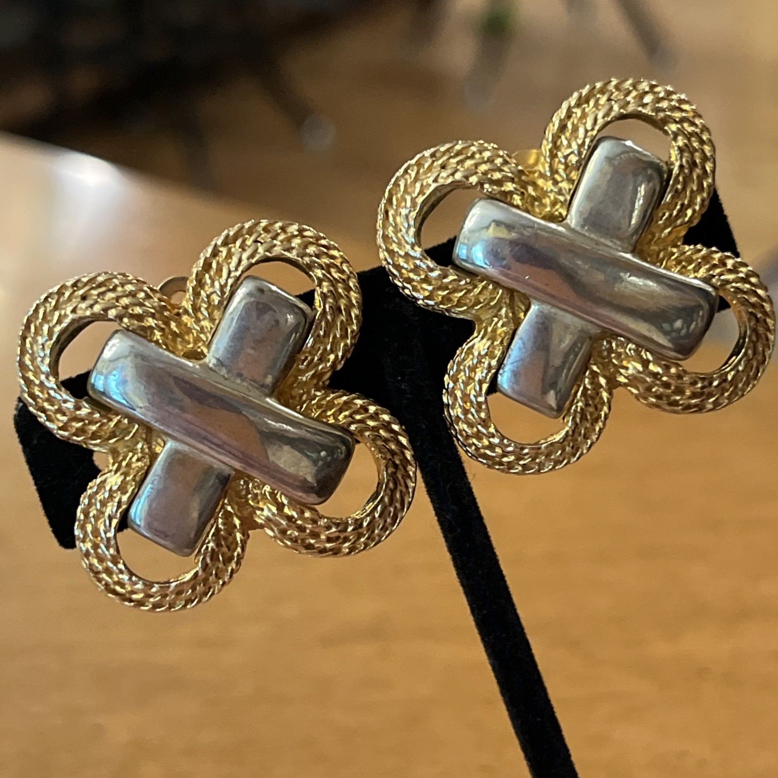 Vintage Gay Boyer Two Tone Gold Silver Braided Statement Clip On Earrings 1980s