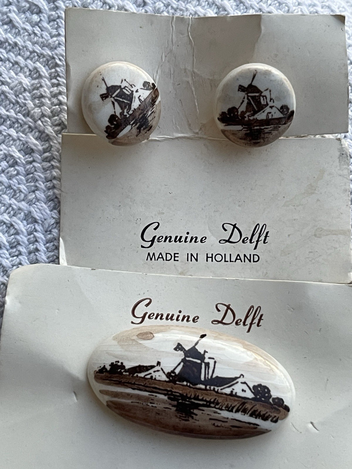 Jewelry Delft Brooch Earrings Hand Paint Brown Wind Mill Cottage Scene Holland