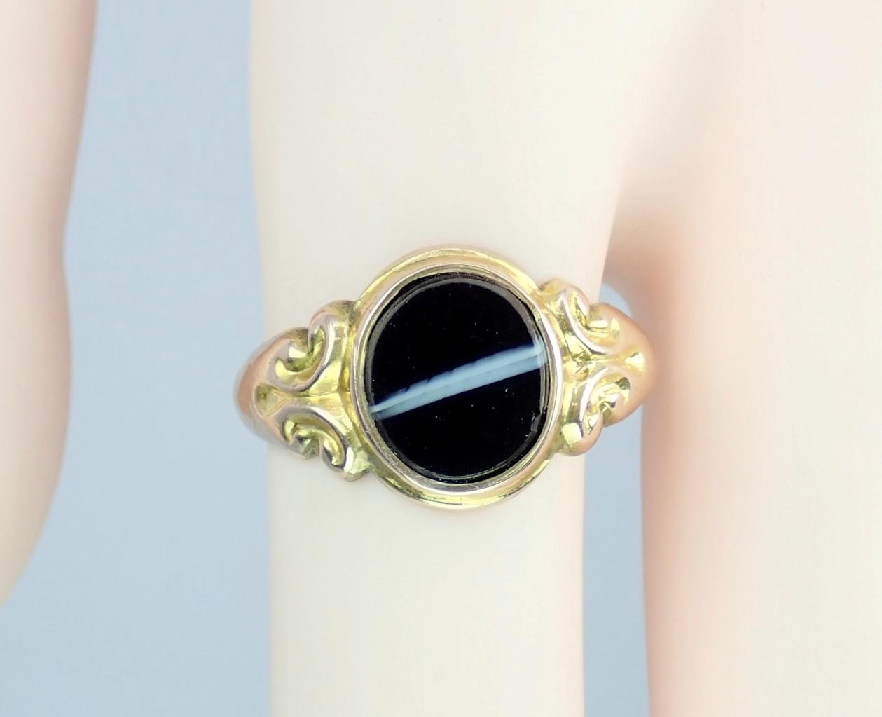 Fine Antique Edwardian Solid 9K Rose Gold Banded Agate Signet Pinky Ring 1904 8