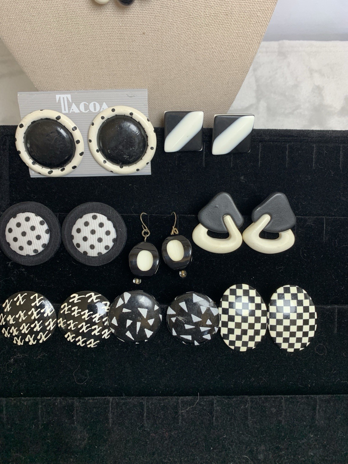 Vintage MOD Monochrome Jewelry Lot Black White Earrings Signed Tacoa & Necklace