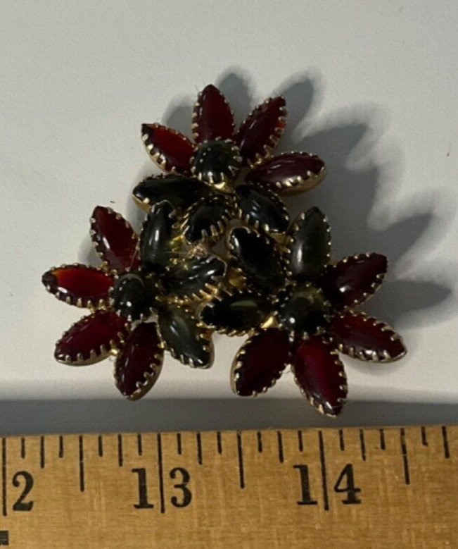 Vintage Warm Red and Gray/Green Flower Brooch approximately 2 inches long