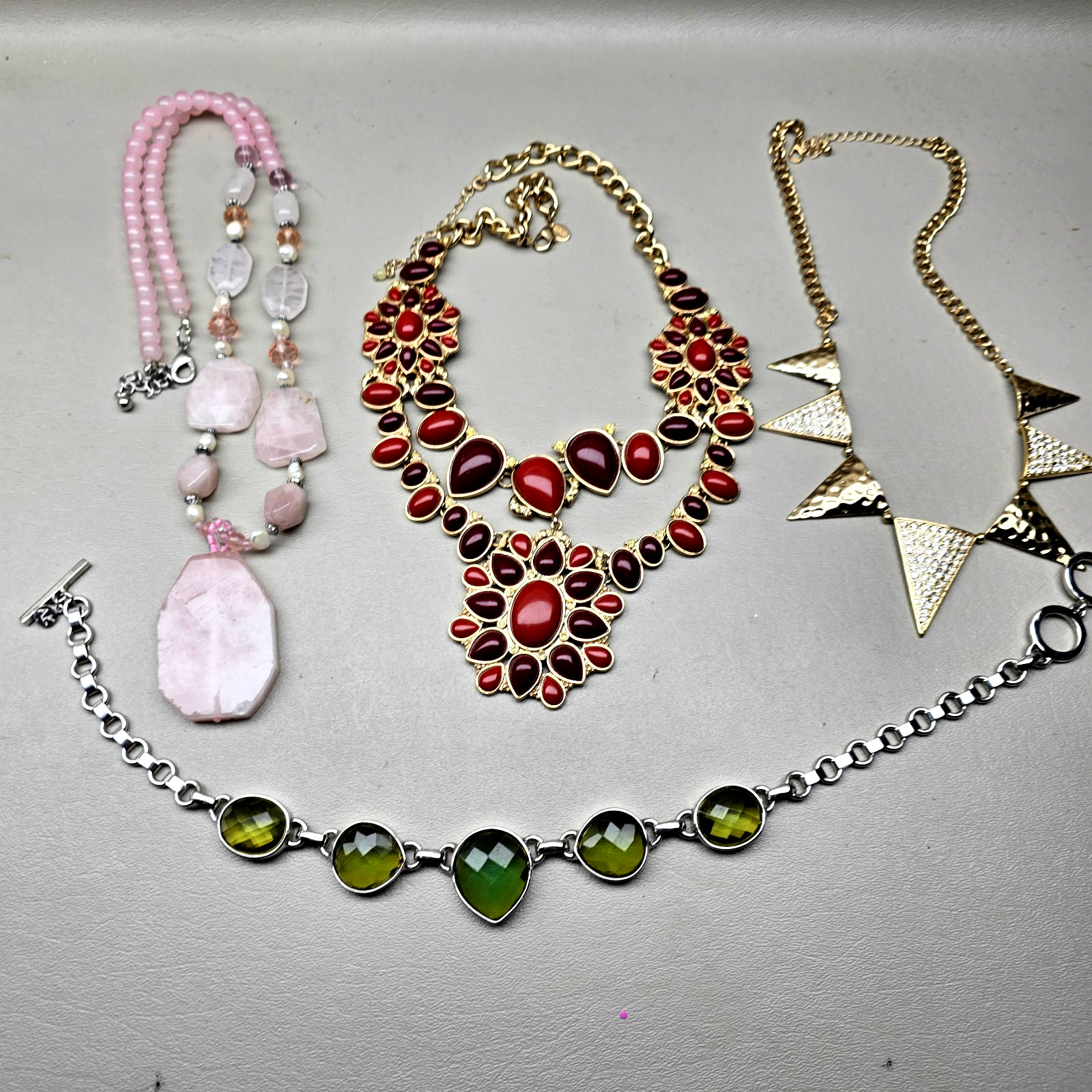 Statement Necklace Lot Pink Stone Red Bib Green Faceted Gold Tone Jewelry
