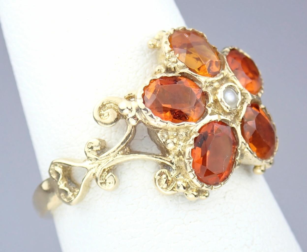 Pretty Vintage Solid 9K Gold Madeira Citrine Pearl Floral Scroll Ring 1971 7.25