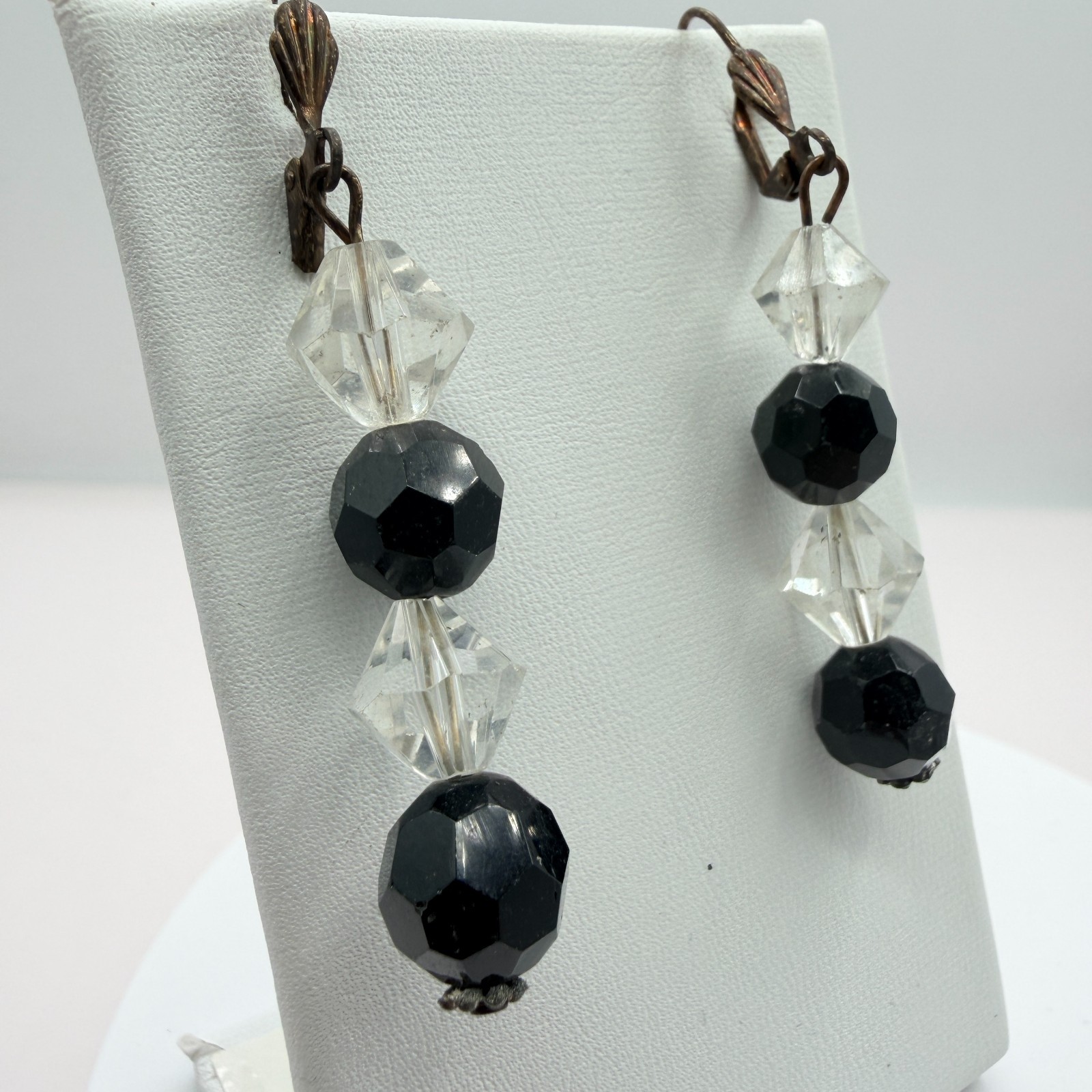 Vintage Black Clear Crystal Bead Necklace Bracelet Dangle Earrings Matching Set