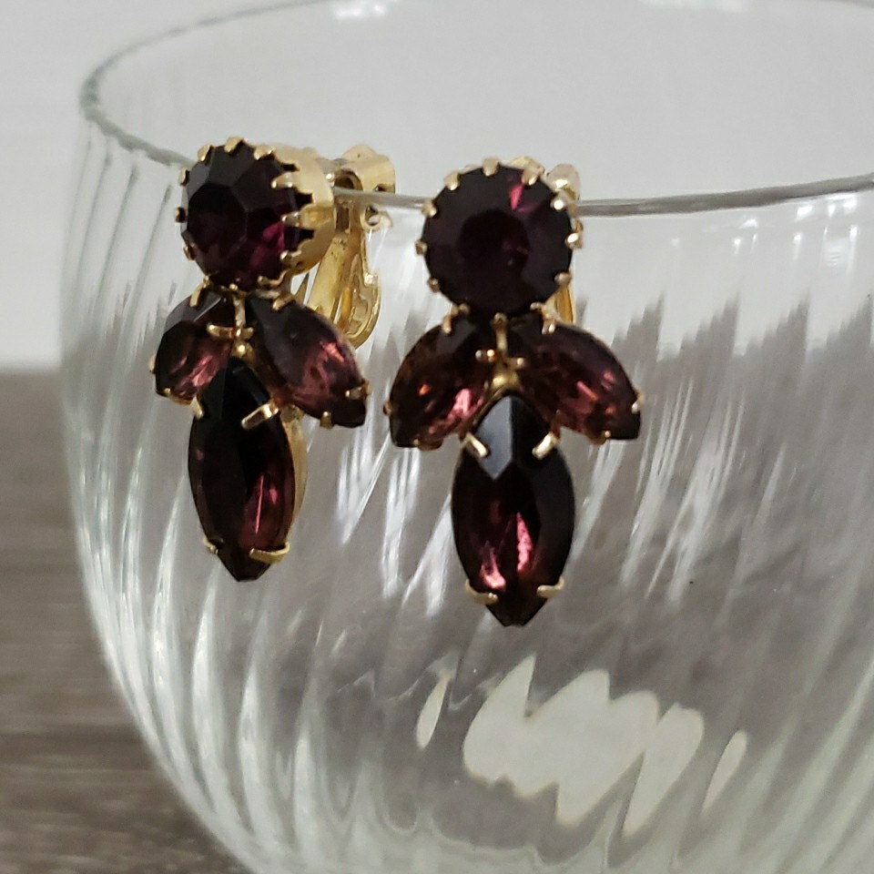 Vintage Purple Cluster Navette Prong Earrings Clip On Gold Tone