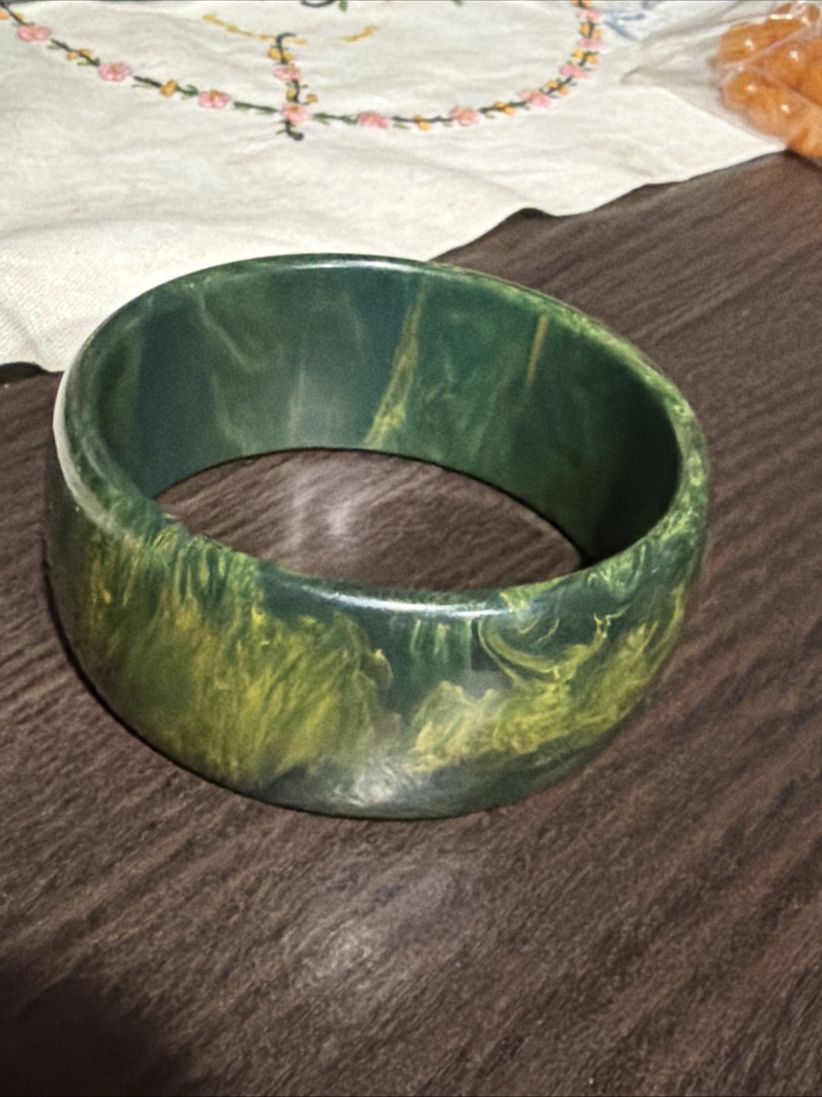 Vintage Blue Moon Wide 44g Bakelite Bangle Blue Green Marbled Bracelet Tested