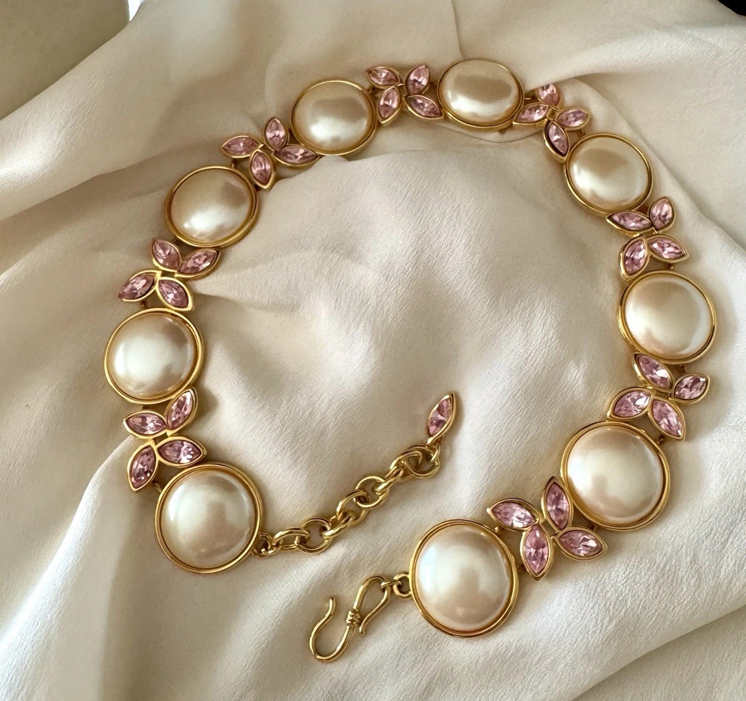 Vintage Monet Runway Necklace Faux Pearls Pink Crystal Gold Tone Statement