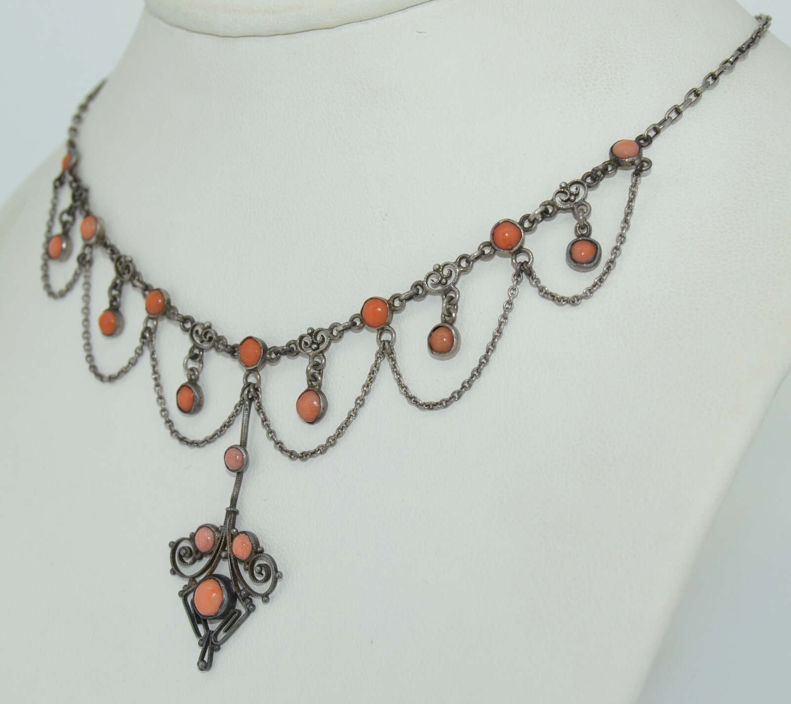 Victorian Sterling silver & Coral Swag Cannetille Necklace