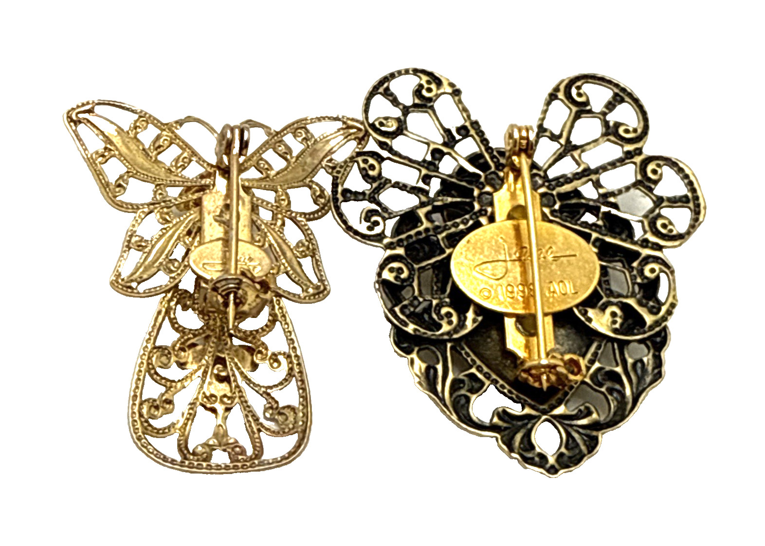 Vintage JANE Angel Brooches Ornate Bronze & Gold Tone Filigree Pins Lot of 2