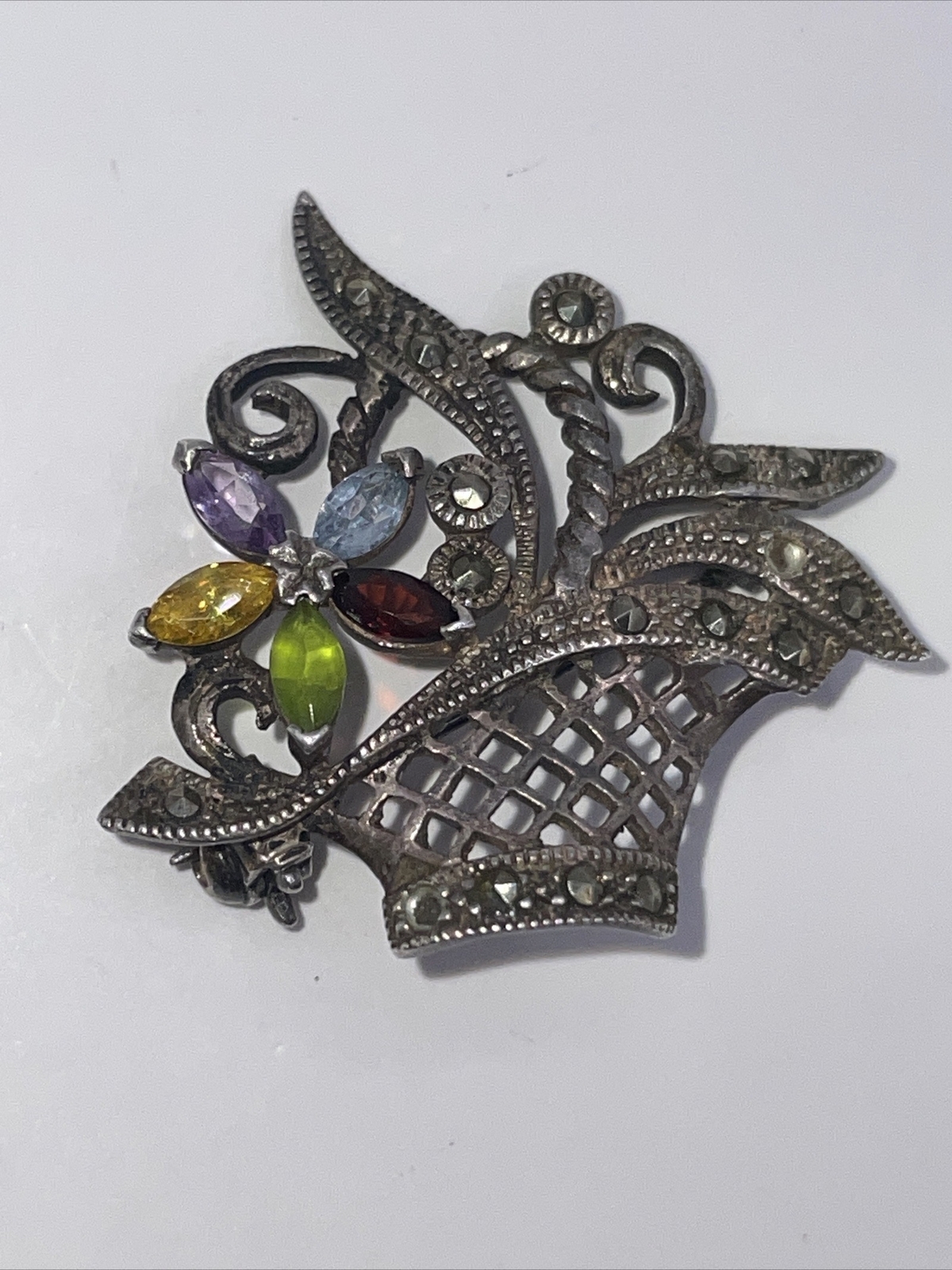 VTG Sterling Silver Marcasite Gemstone Flower Basket Brooch Pin Designer Signed
