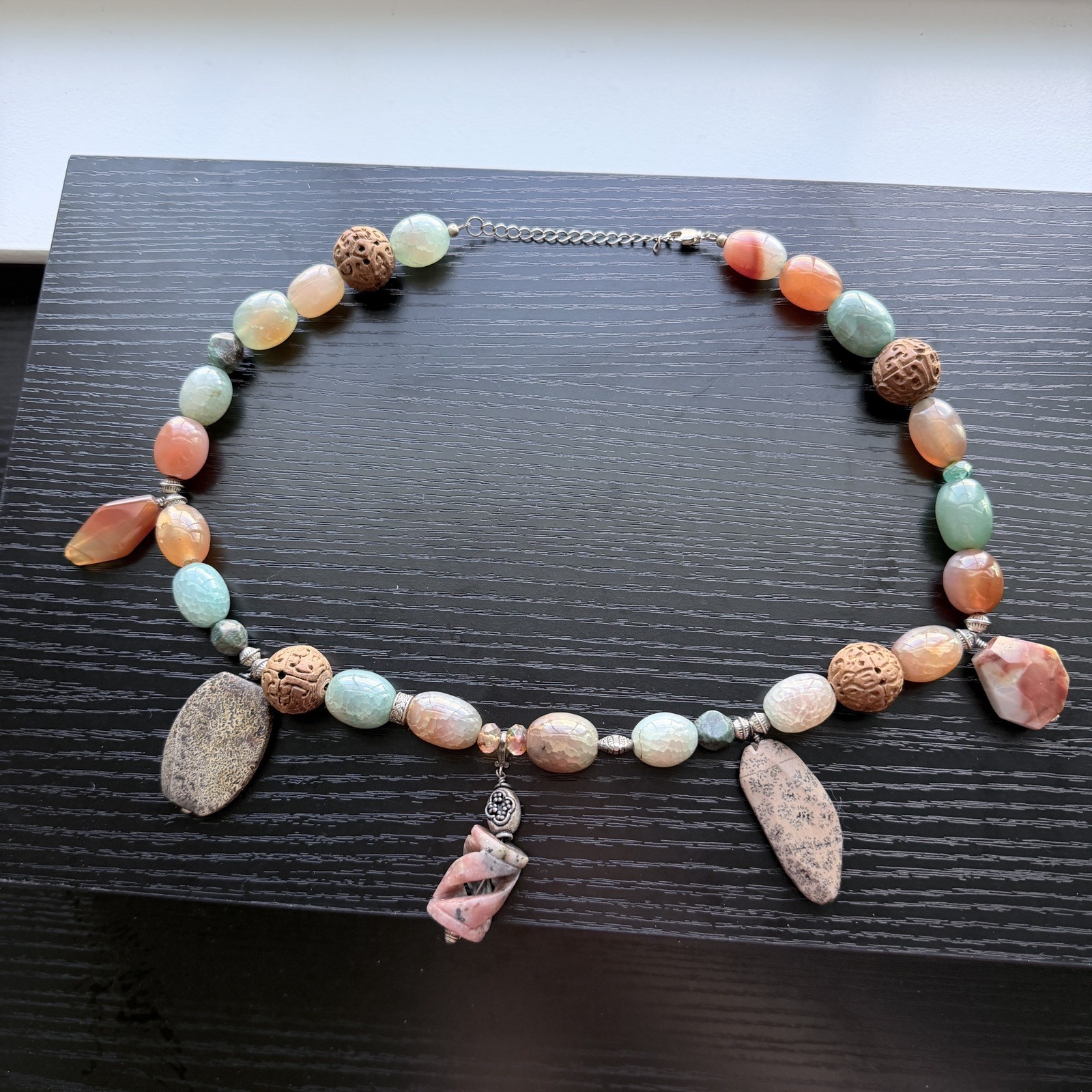 Multiple Large Stones and Wood Beads with Sterling Accents and Clasp Necklace