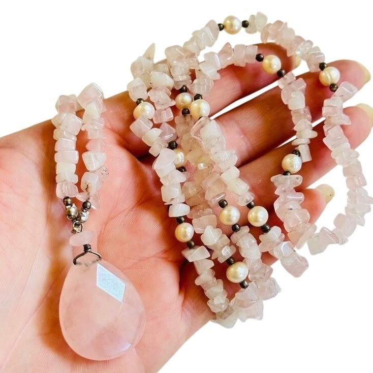 VTG Rose Quartz pink Beaded Necklace natural genuine stone pearl beads rare 40″