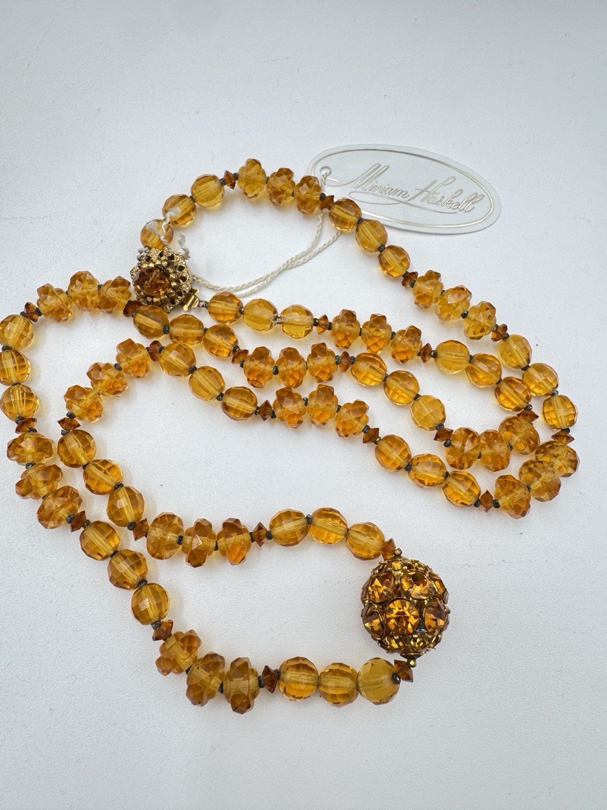 Vintage Miriam Haskell Amber Glass Bead Necklace with Rhinestone Ball Accent