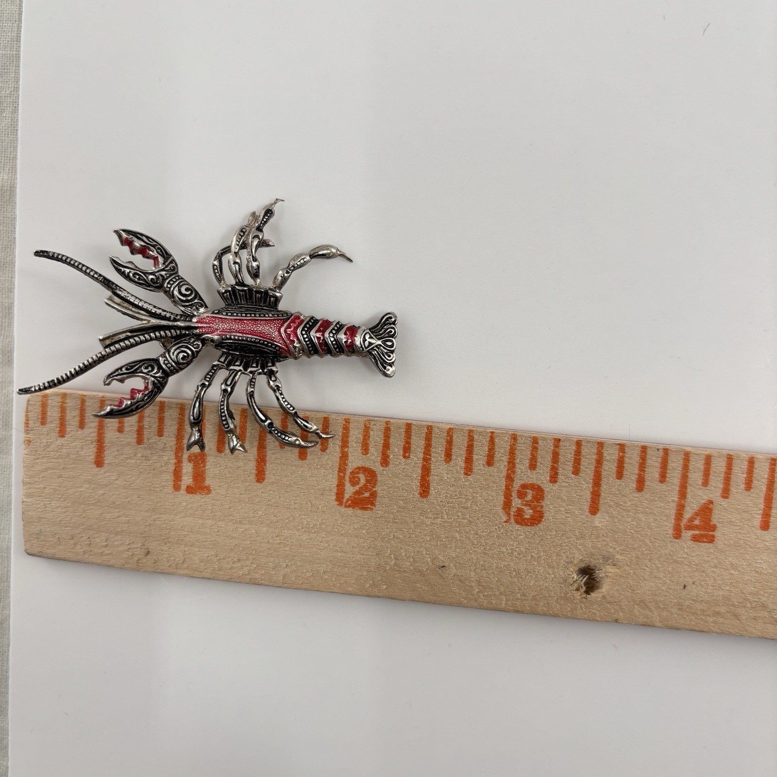 Vintage Spain Lobster Brooch Red Enamel Silver Tone Figural Crayfish Pin