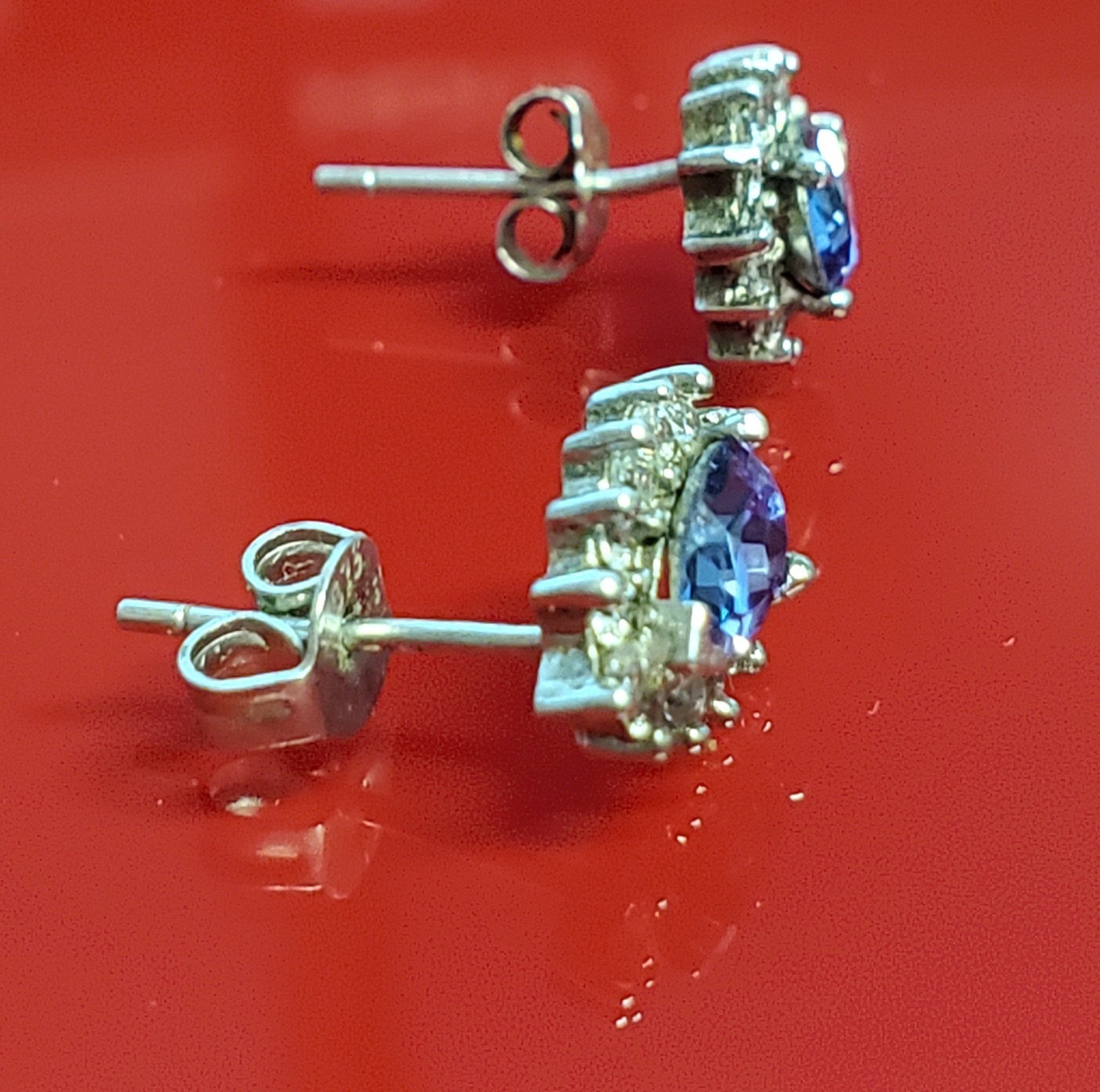 VTG 925 Purple Blue Pear Cut Crystal Stud Earrings Sterling Silver 1g Halo CZ S