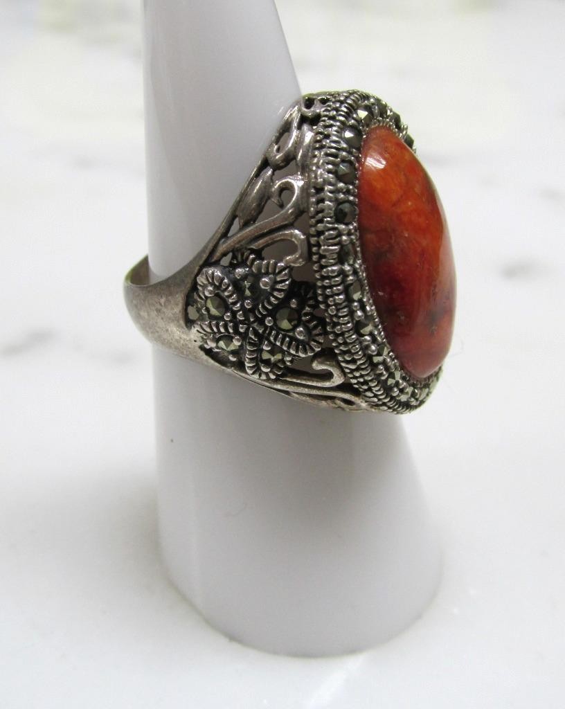 Sponge Coral Sterling Silver Ring w/ Marcasites ~ Size 6.5 ~ 9.8g ~ 12-A682