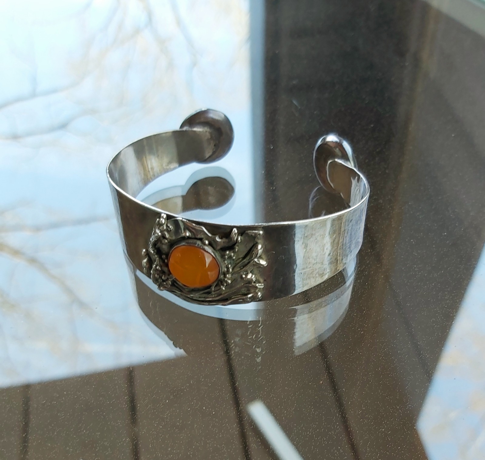 Antique Art Deco Sterling Silver Cuff Bracelet Original Design 3 Amber Inserts