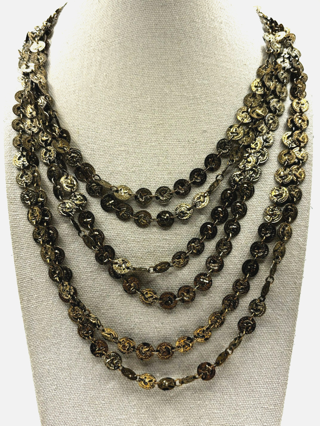 Vintage Mini Republic Of France Coin Link Multi Chain Gold Tone Layered Necklace
