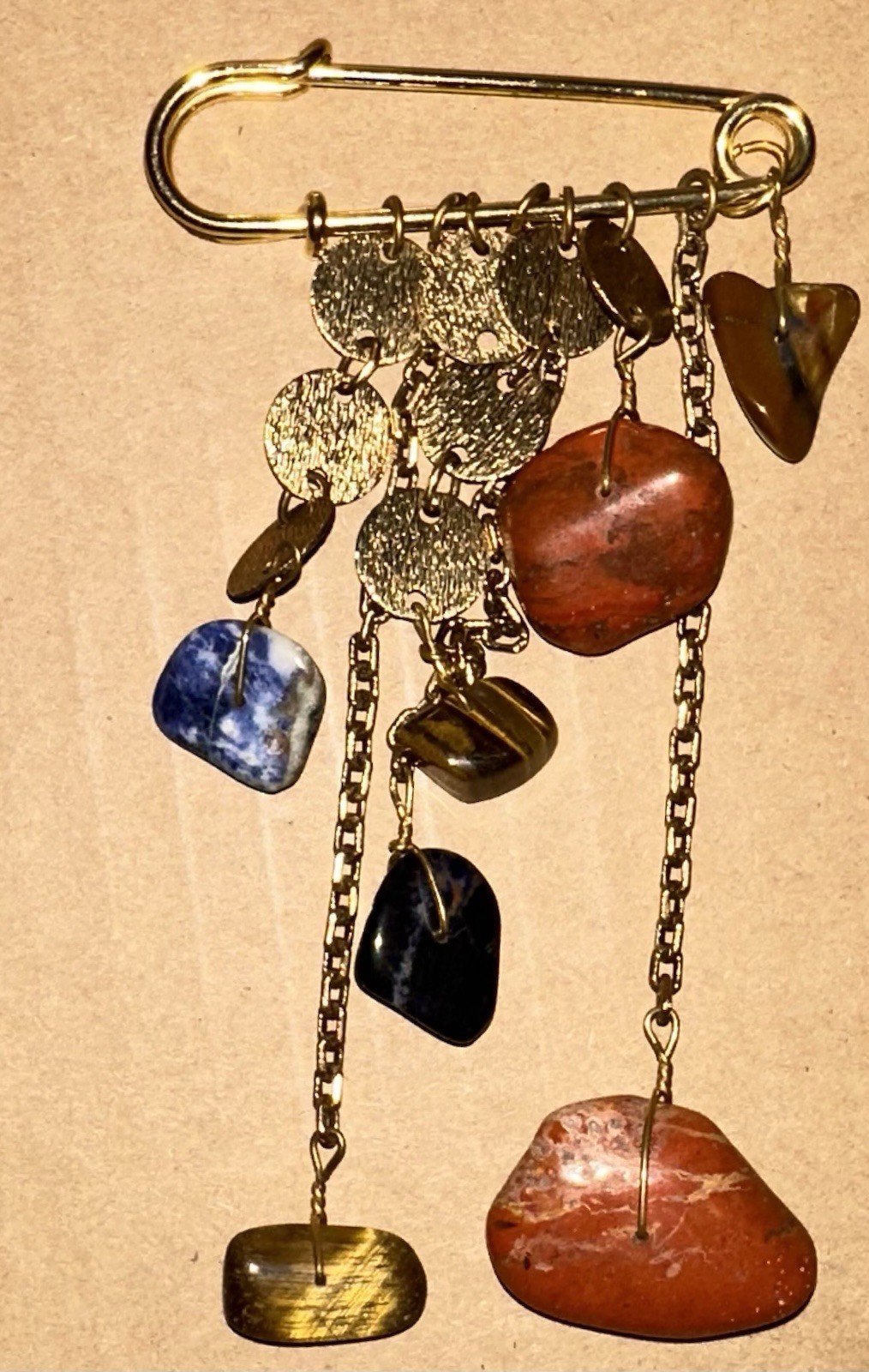 Vtg Gold-Tone Statement Brooch Featuring Dangling Genuine Stones & Metal Discs.