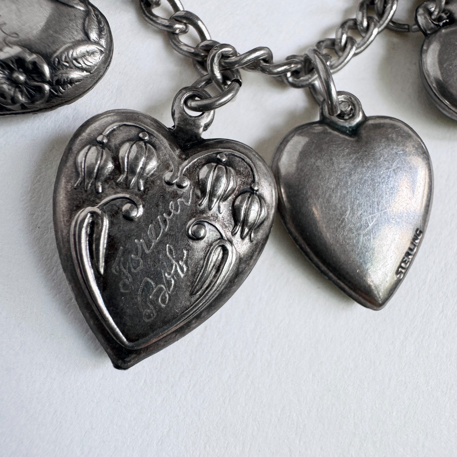 Vintage WWII Sterling Silver 925 Puffy Heart Sweetheart Bracelet w/ 14 Charms