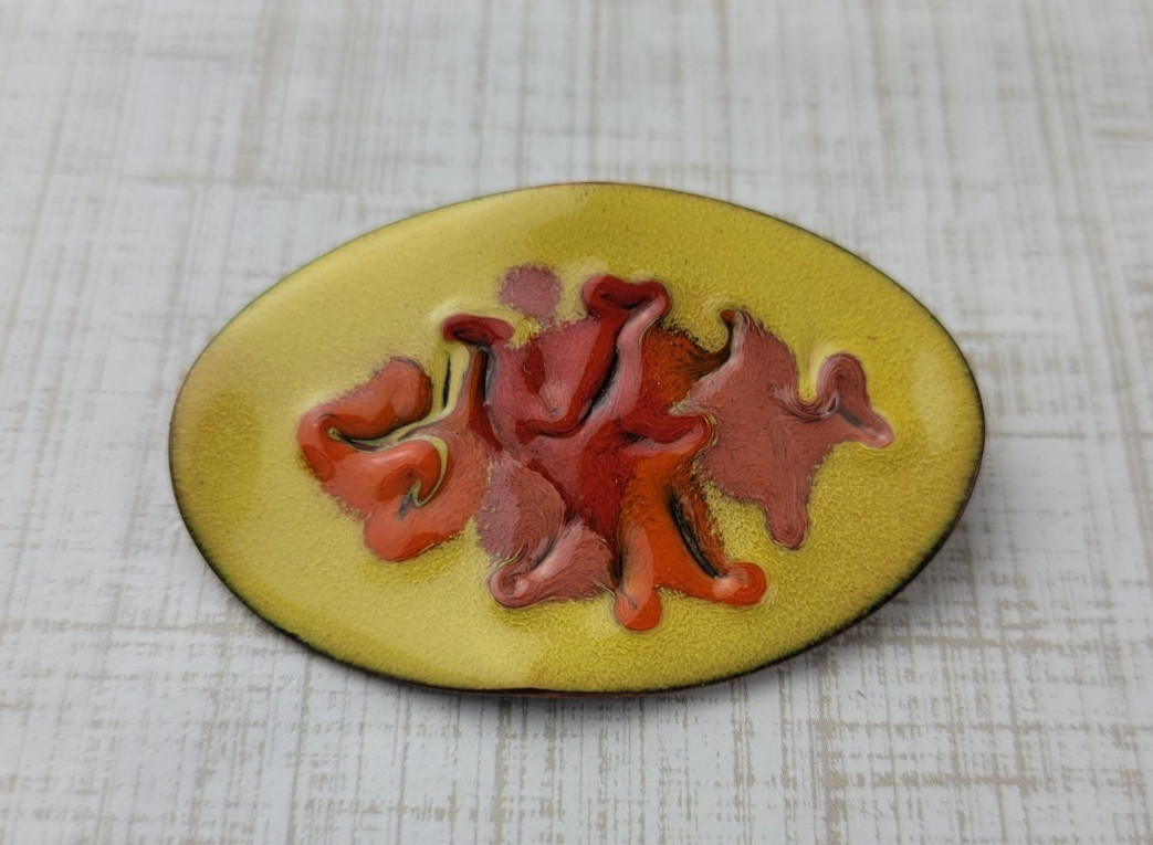 Vintage Copper Enamel Oval Brooch Fall Colors Yellow Orange Brown 2″