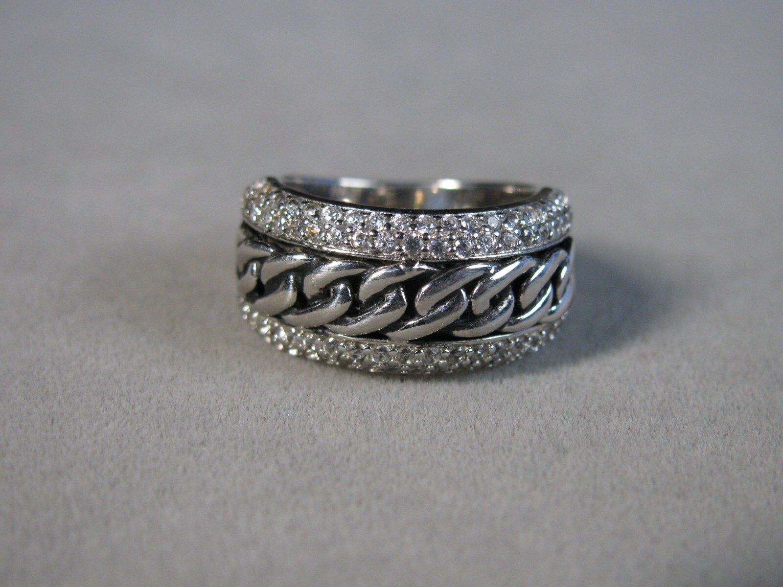 Vintage Sterling Silver Chain Link Look W/ Encrusted CZs Ring 5.5g Size 5 #J3215