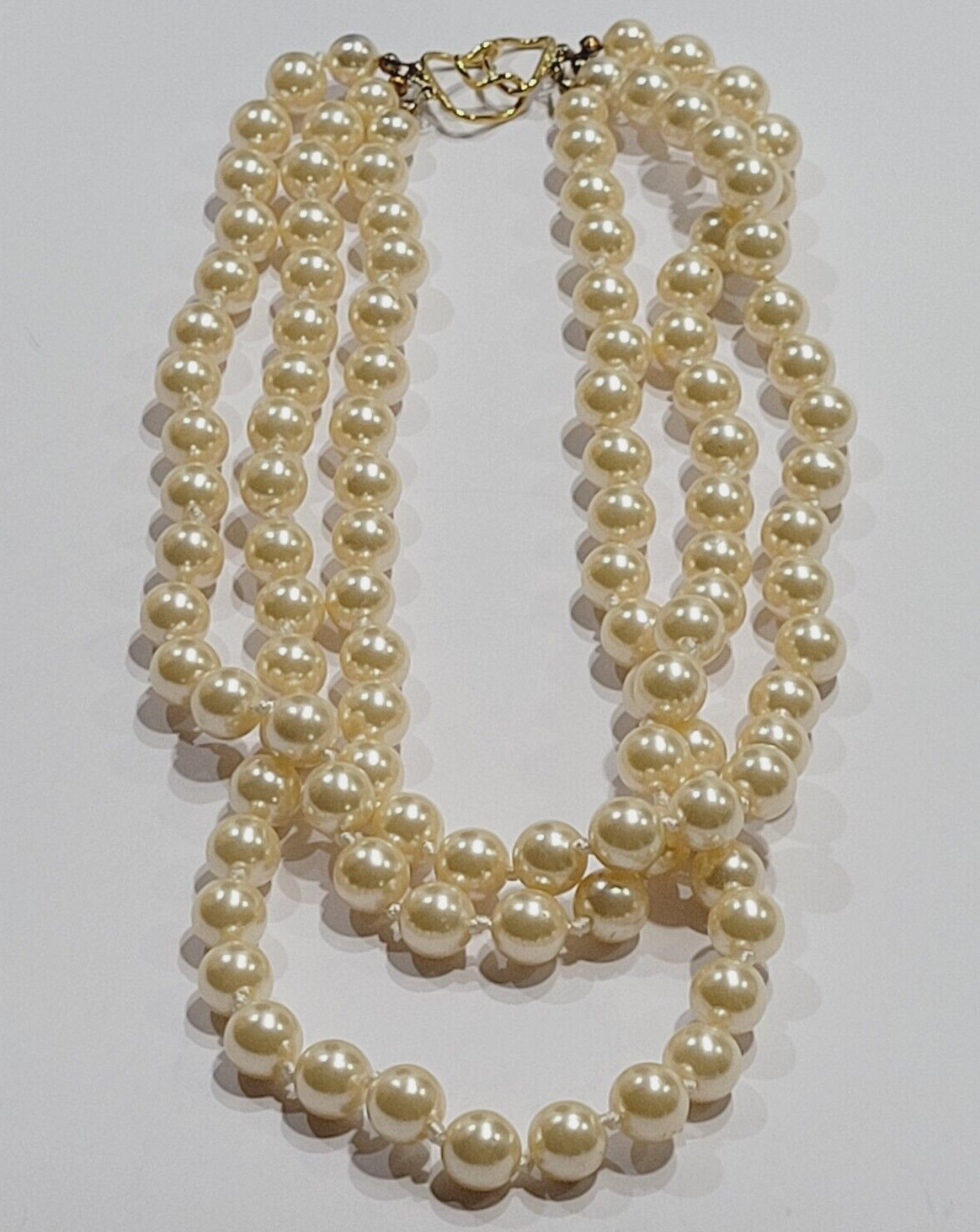 Triple Strand Off White Faux Pearl Knotted Necklace with Gold Tone Clasp 15 Inch