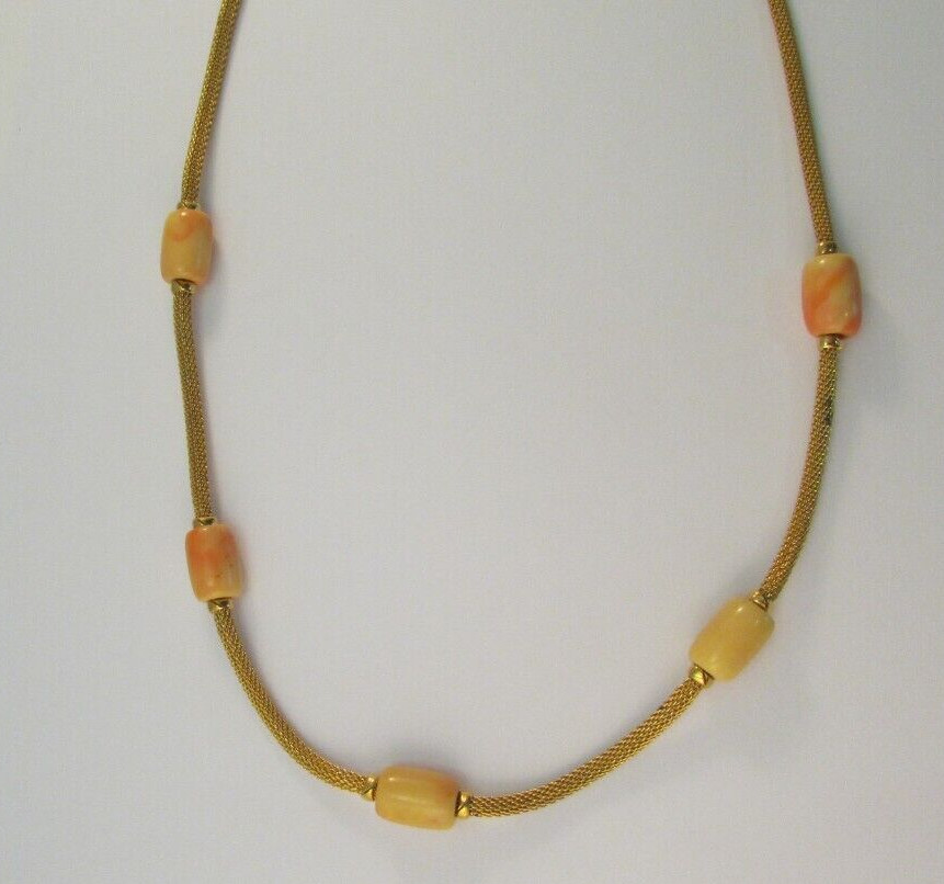 Vintage CROWN TRIFARI Gold Tone Mesh Rope Necklace Cream/Orange Beads READ