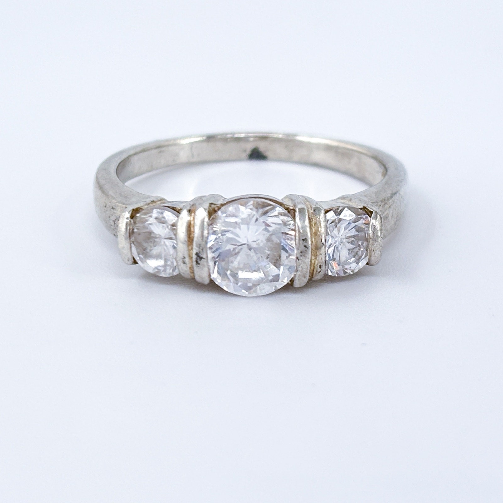 Vintage Sterling Silver 925 White Crystal Three Stone Ring Size 10