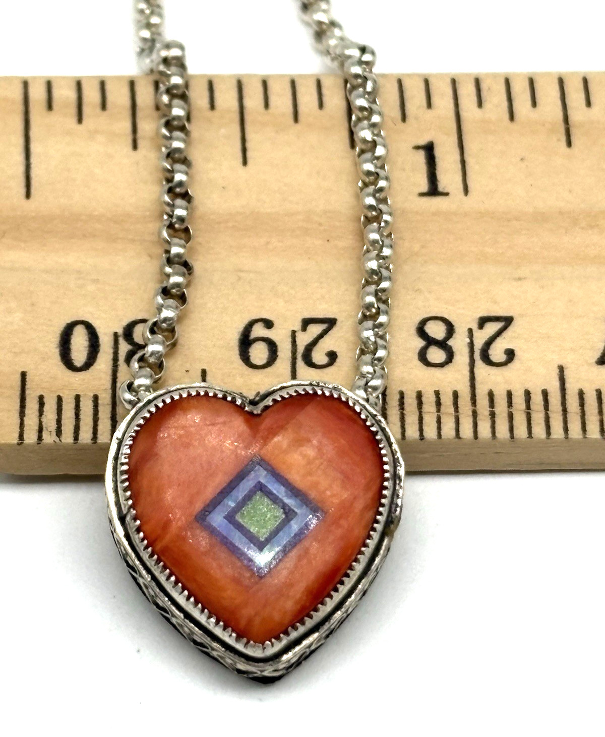 Aldrich Art Jewelry Necklace Orange Heart Inlay Sterling Silver Vintage 18″