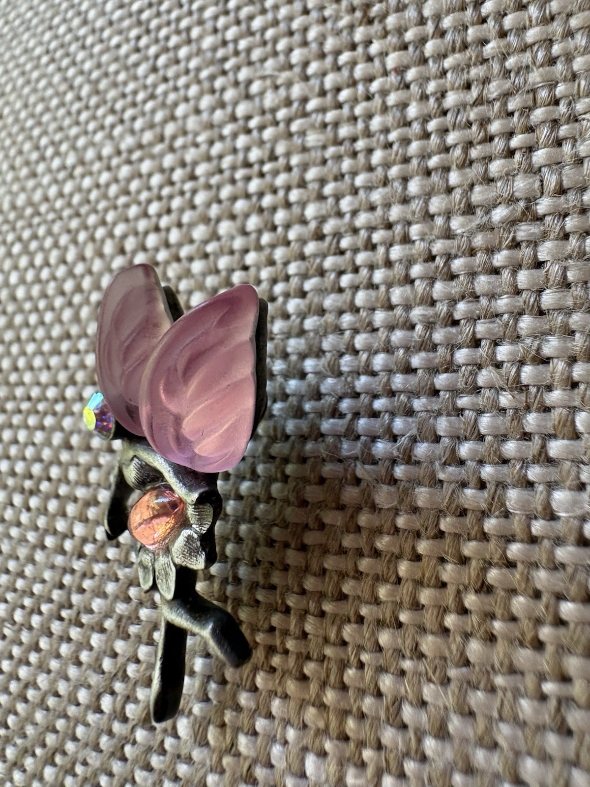 Vintage Ballerina Angel Pewter Brooch Pin Pink Lucite Wings 1 1/2 Inch