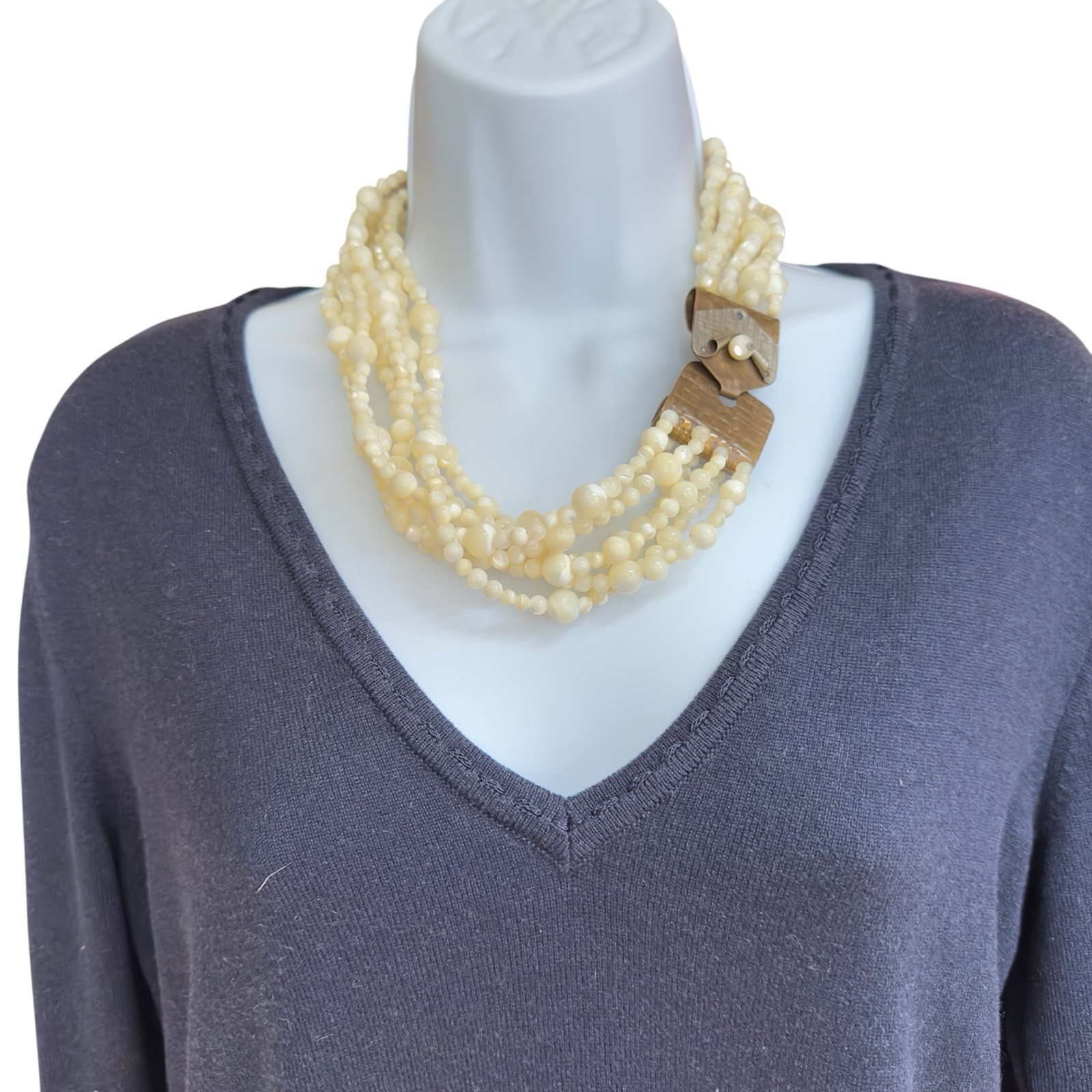 VTG Artisan Necklace Charlene Biesele Mother of Pearl Bead & Repousse Brass 20″
