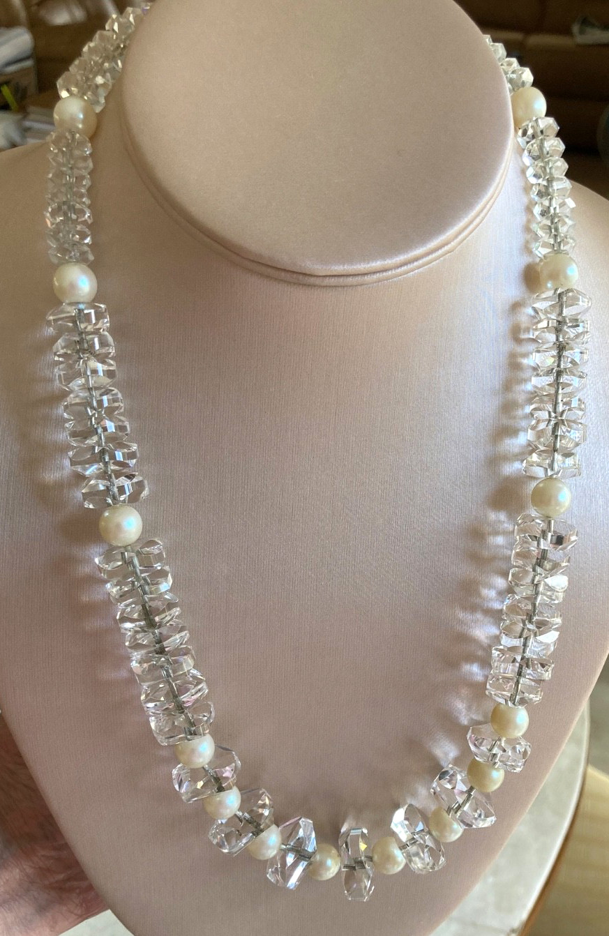 Vtg ROCK CRYSTAL Art Deco Necklace w/Pearls, Amazing Faceted Crystals 100.4grams