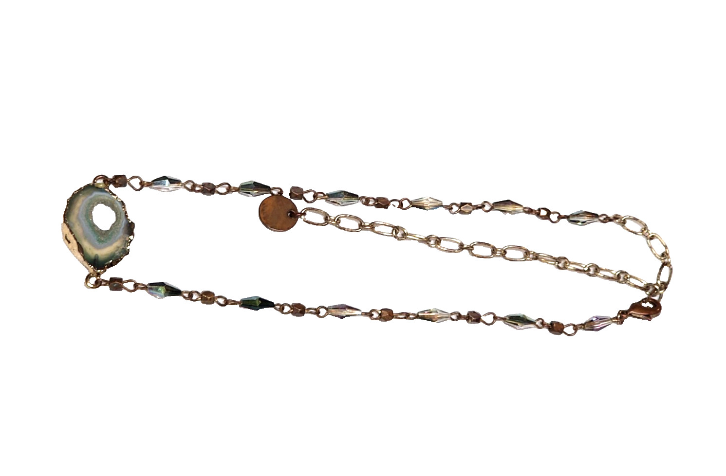 Vintage Sweet Lola Brass Blue Green Beaded Geode Pendant Necklace 17″ Choker