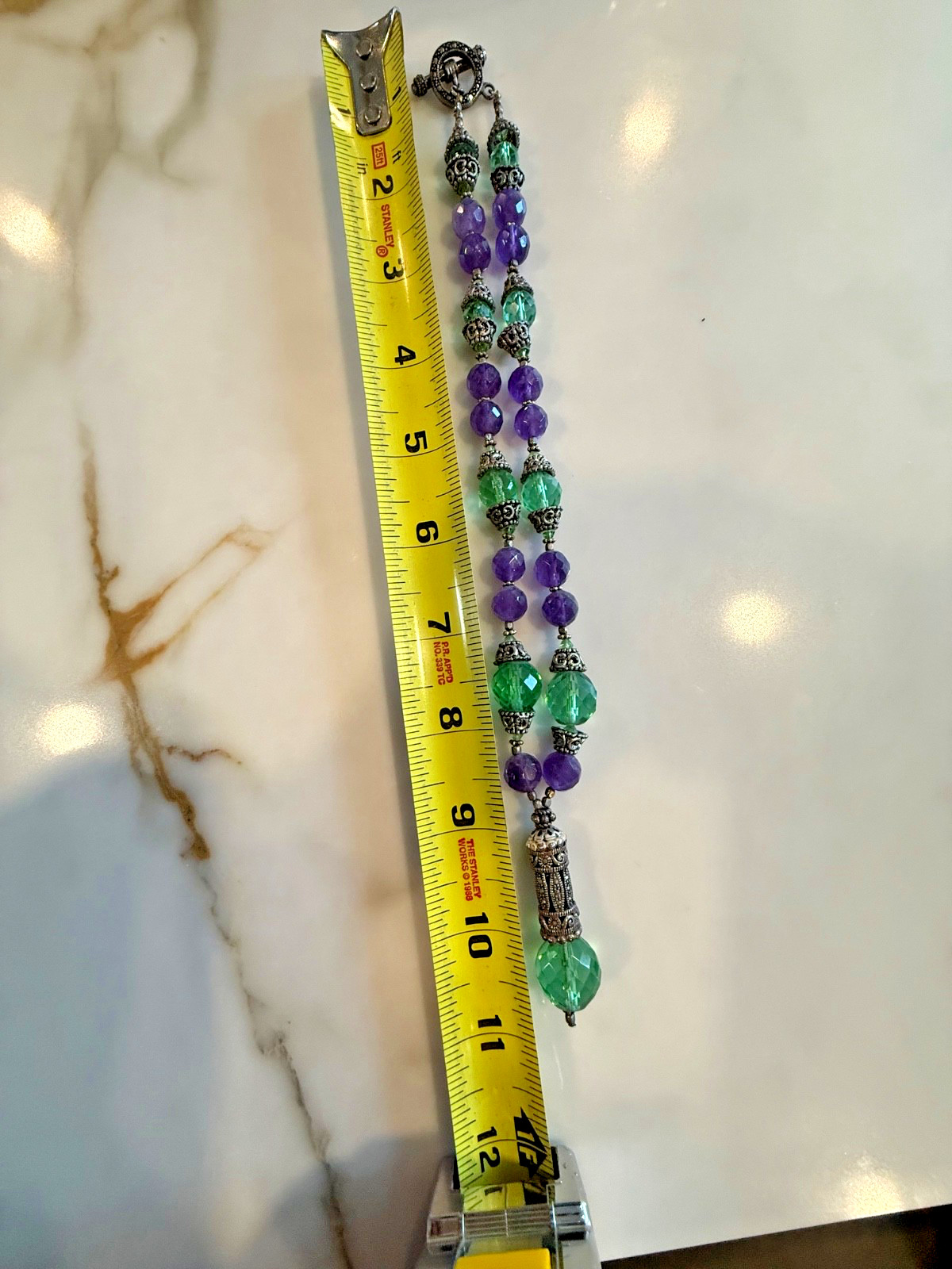 Vintage Sterling Necklace Boho Amethyst and Green Faceted Bead with Drop Crystal