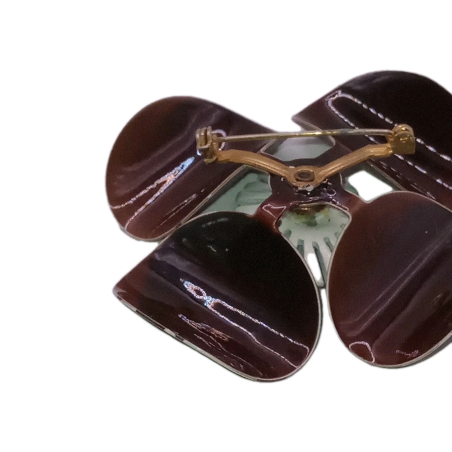 Vintage 1960s Brown White Enamel Brooch Polka Dot Flower Pin Large 2 3/4 in D