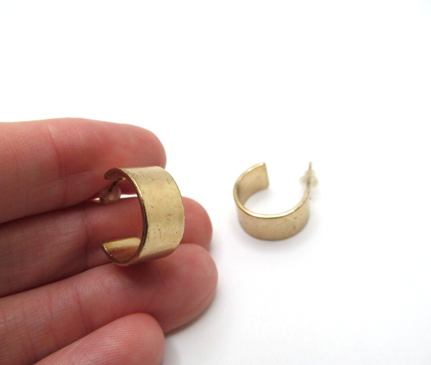 Vintage Yellow Gold Plate Brushed Metal 8mm Wide .67 Inch Drop Hoops Earrings