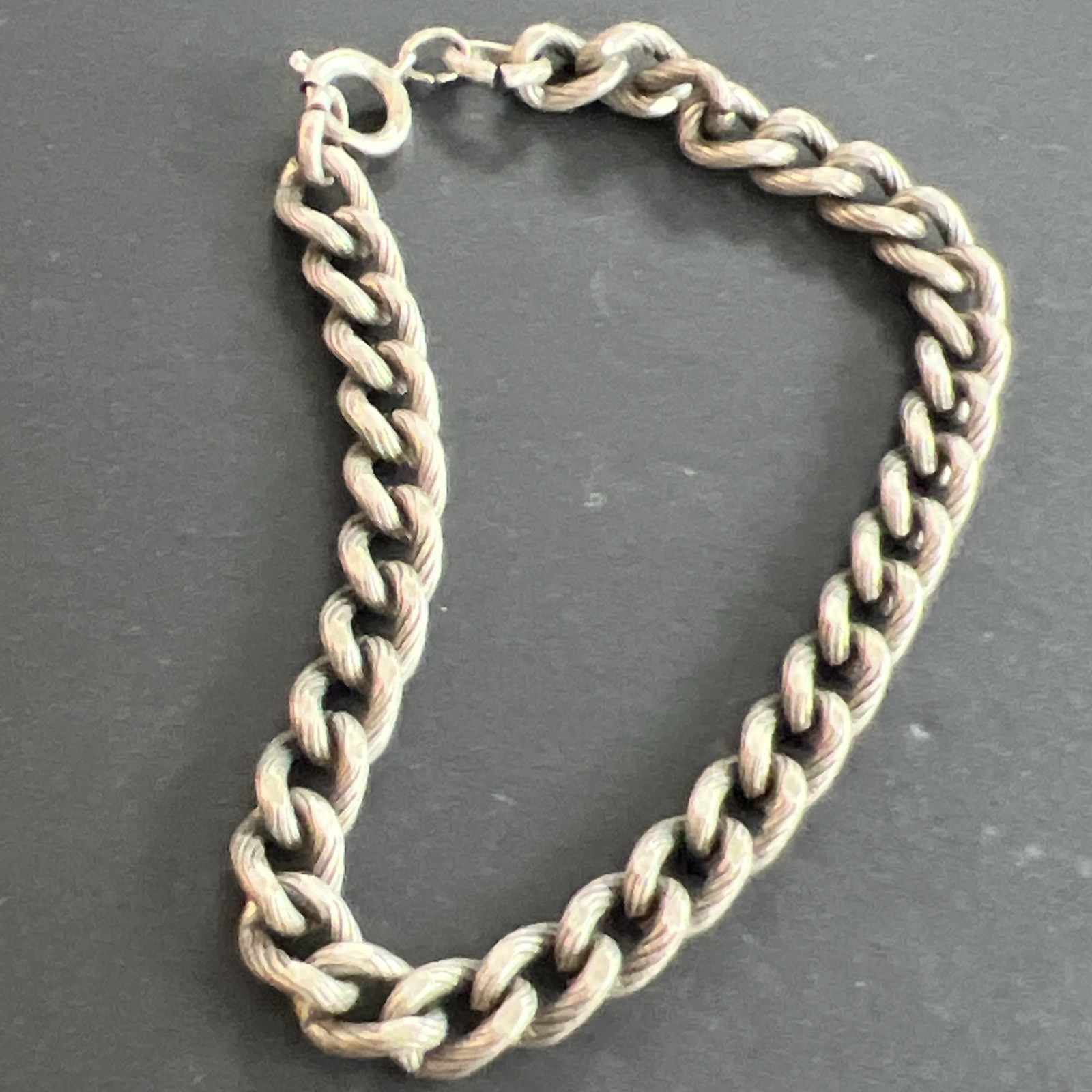 Vintage Silver or Pewter Tone Large Link Bracelet 8.75” Gun Metal Brushed Etched
