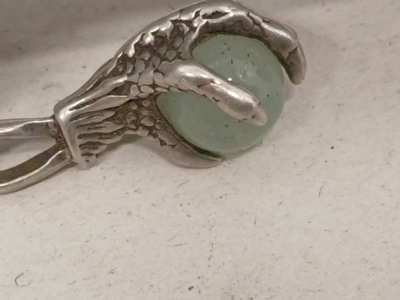 Vintage Silver Tone Claw Pendant Green Stone Metal Detecting Find Sterling?