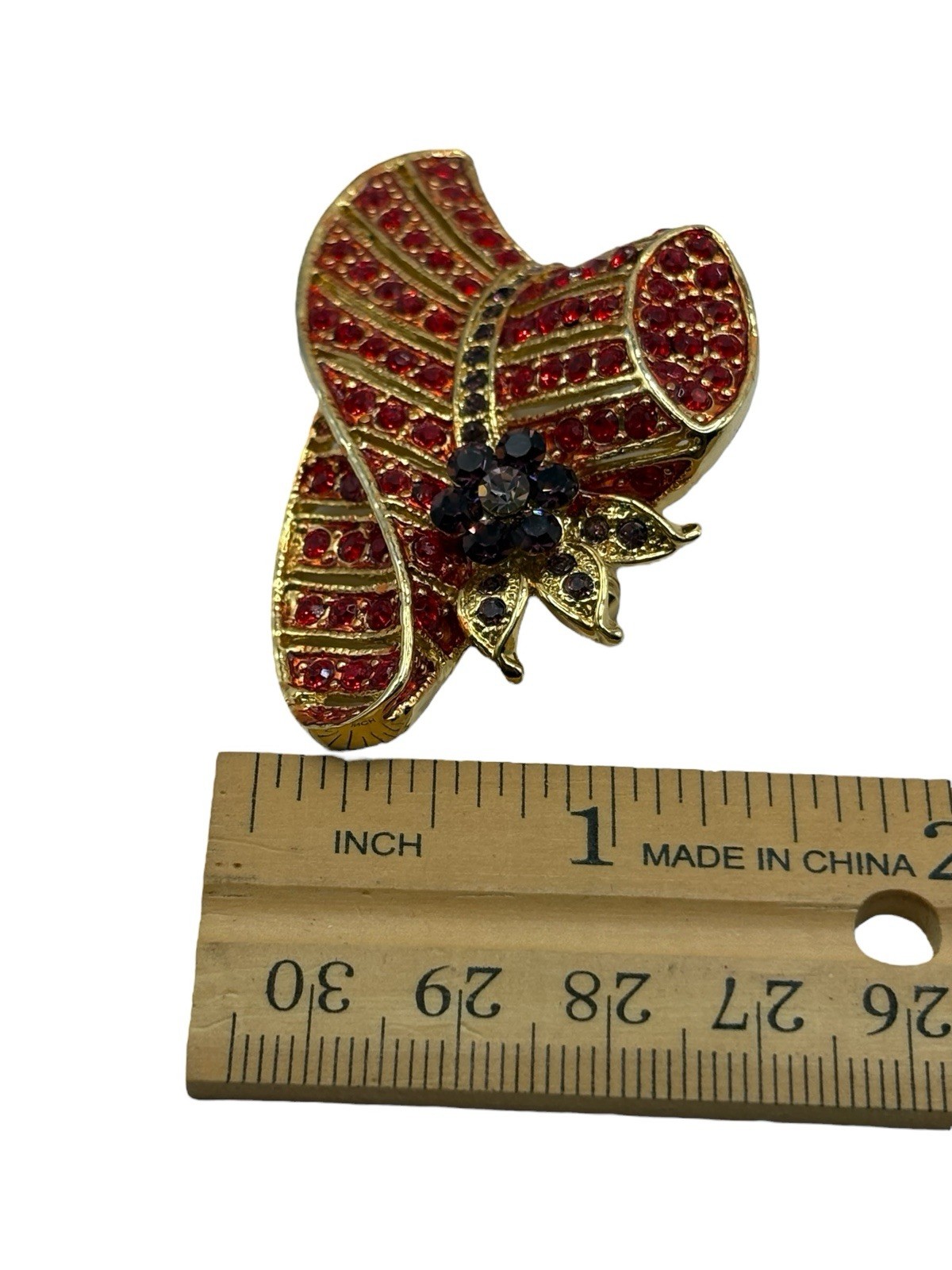 Vintage Red Hat Society Brooch Pin Red & Purple Rhinestones Gold Tone Flower