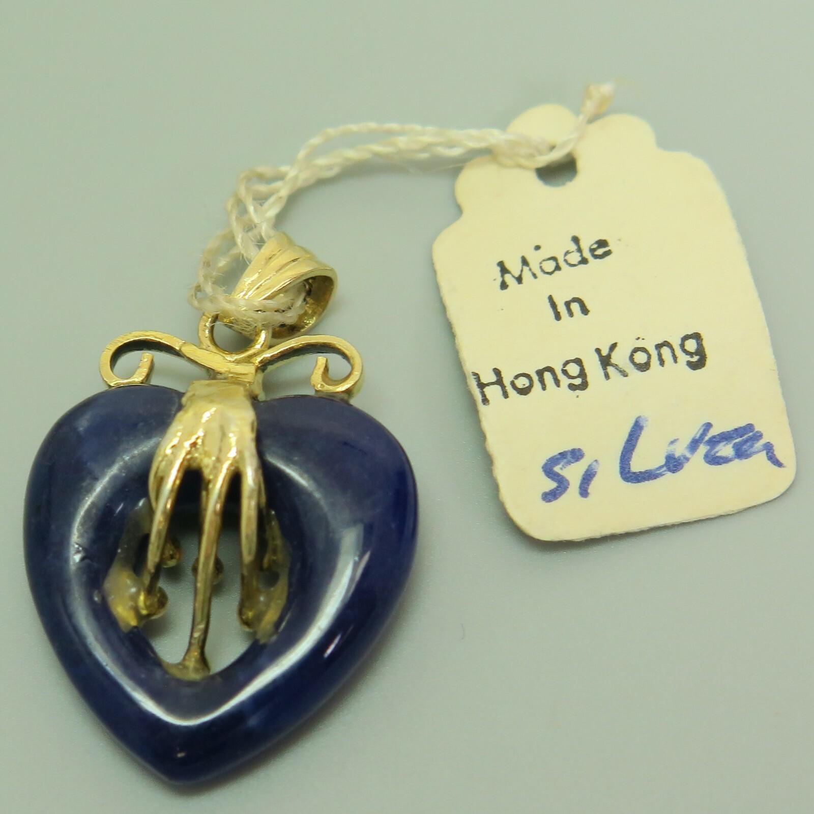 Vintage Blue Stone Open Heart Original Tag Gold Silver Hong Kong Pendant 1″ 2.9g