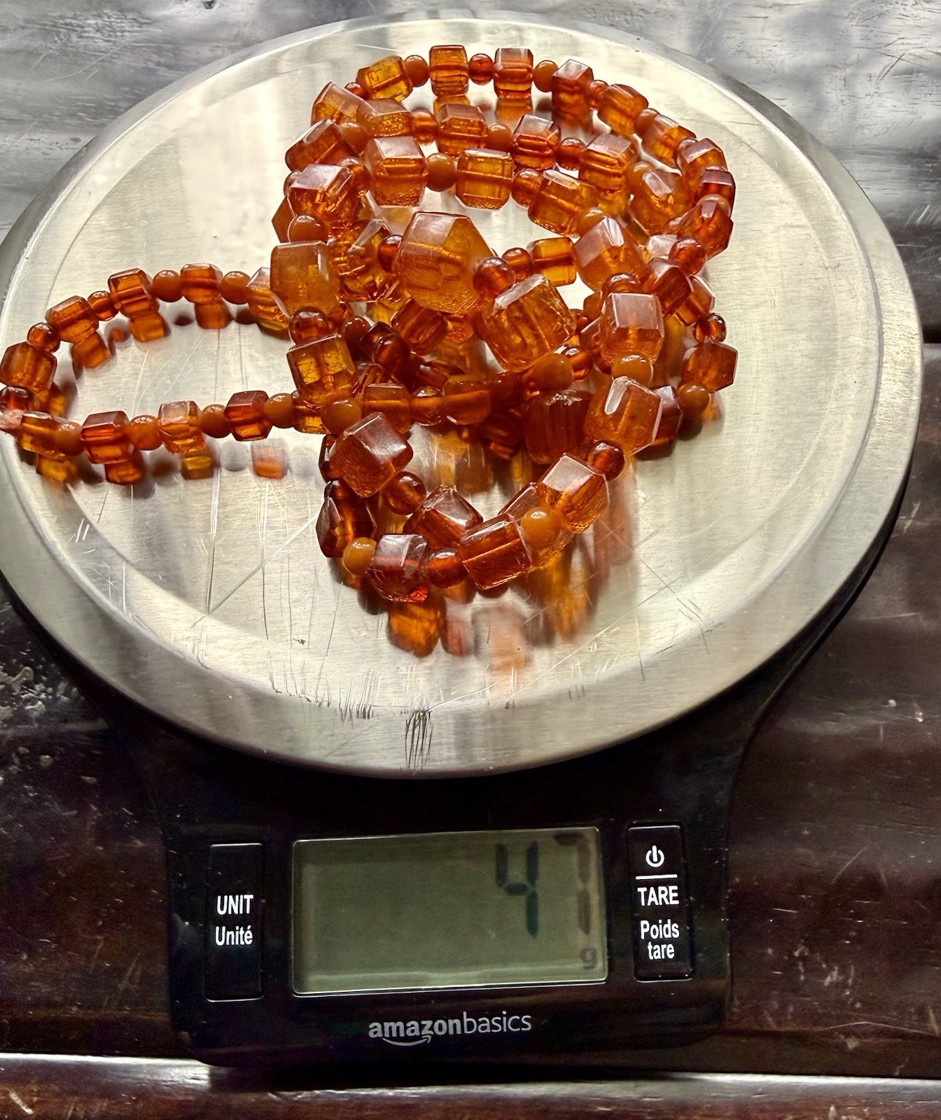 39” 47g Honey Amber Catalin Bakelite Graduated Cube Bead Necklace